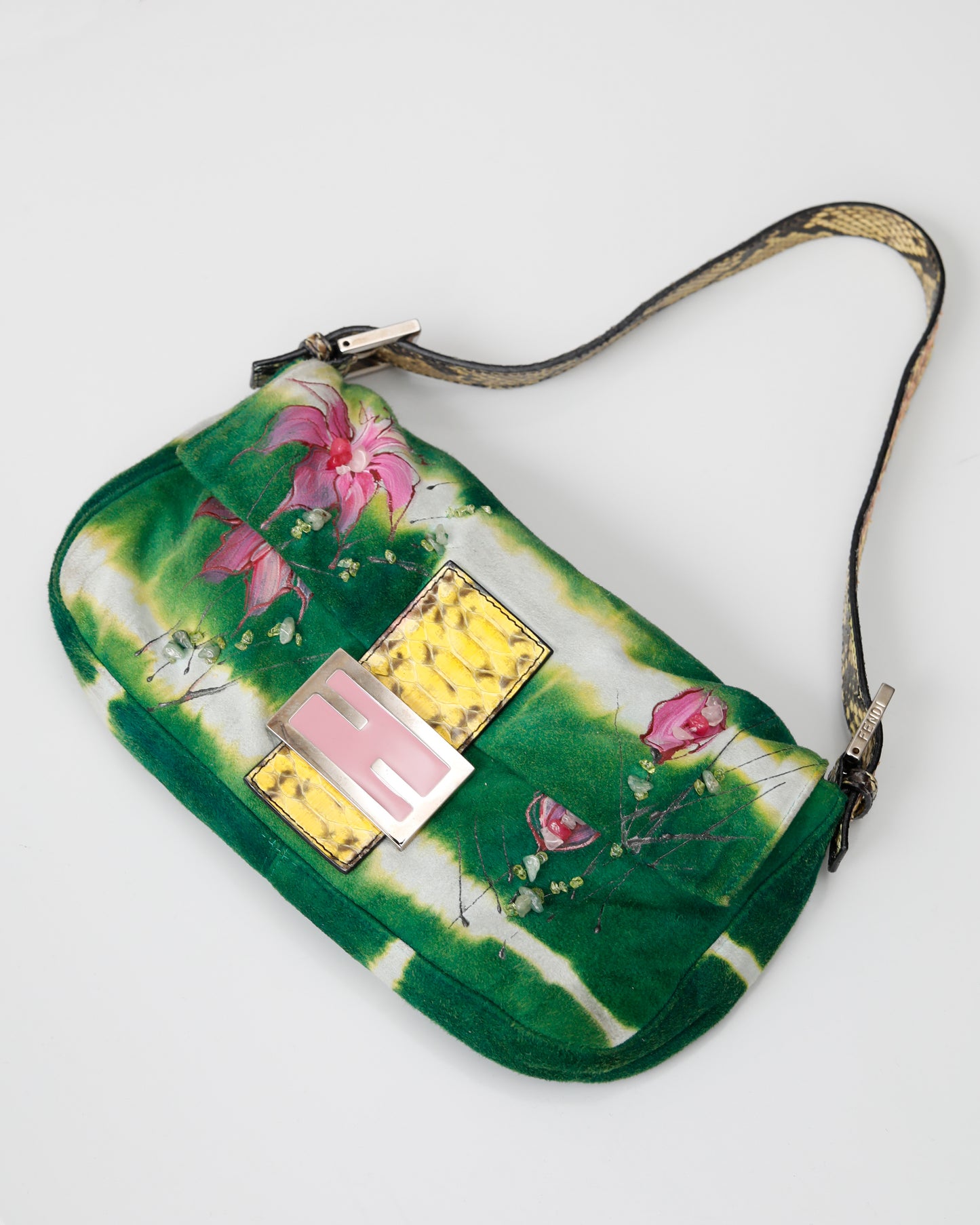 Vintage Fendi suede baguette with pearls and painted flowers