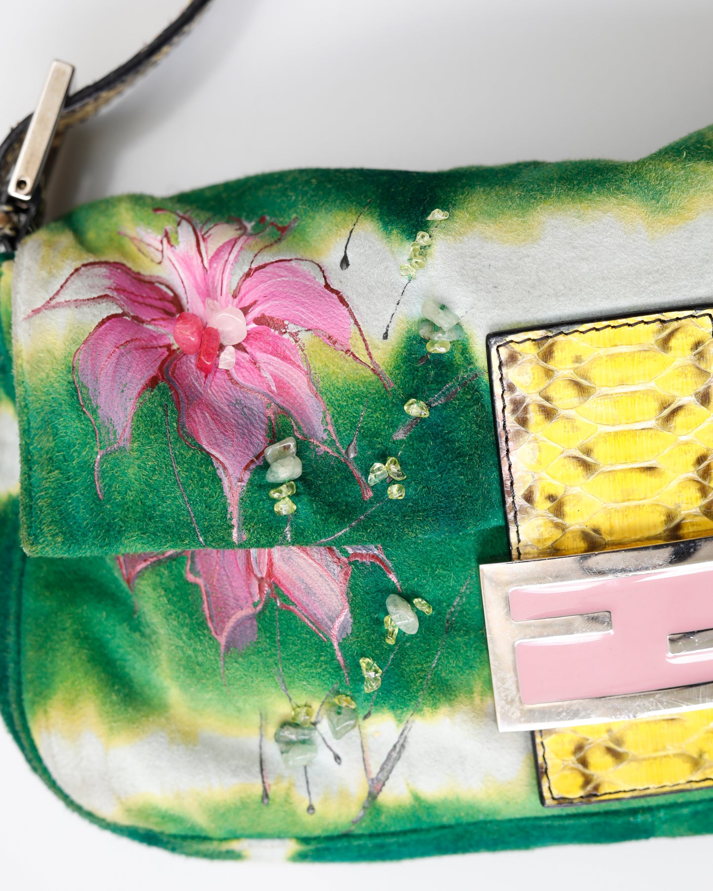 Vintage Fendi suede baguette with pearls and painted flowers