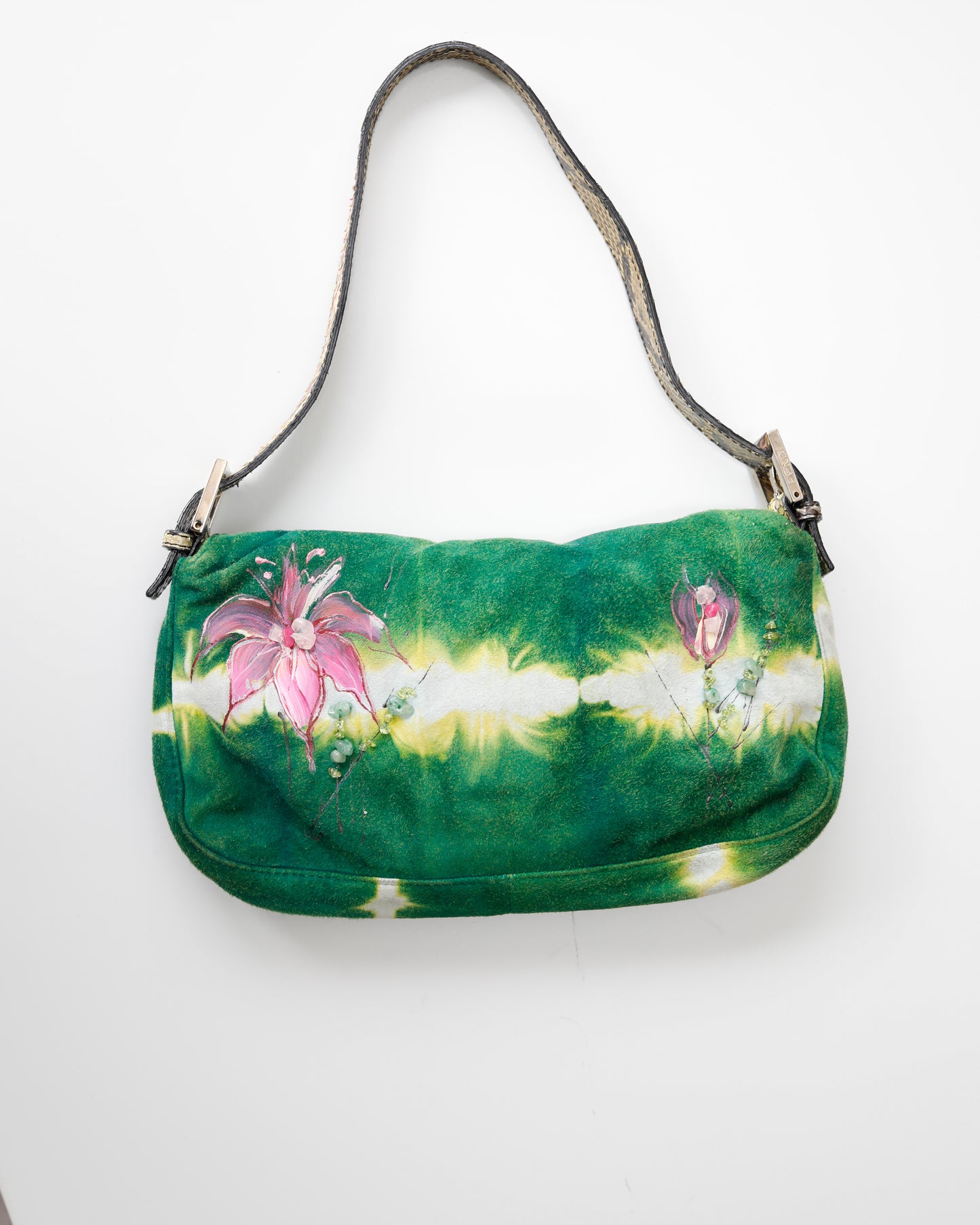 Vintage Fendi suede baguette with pearls and painted flowers