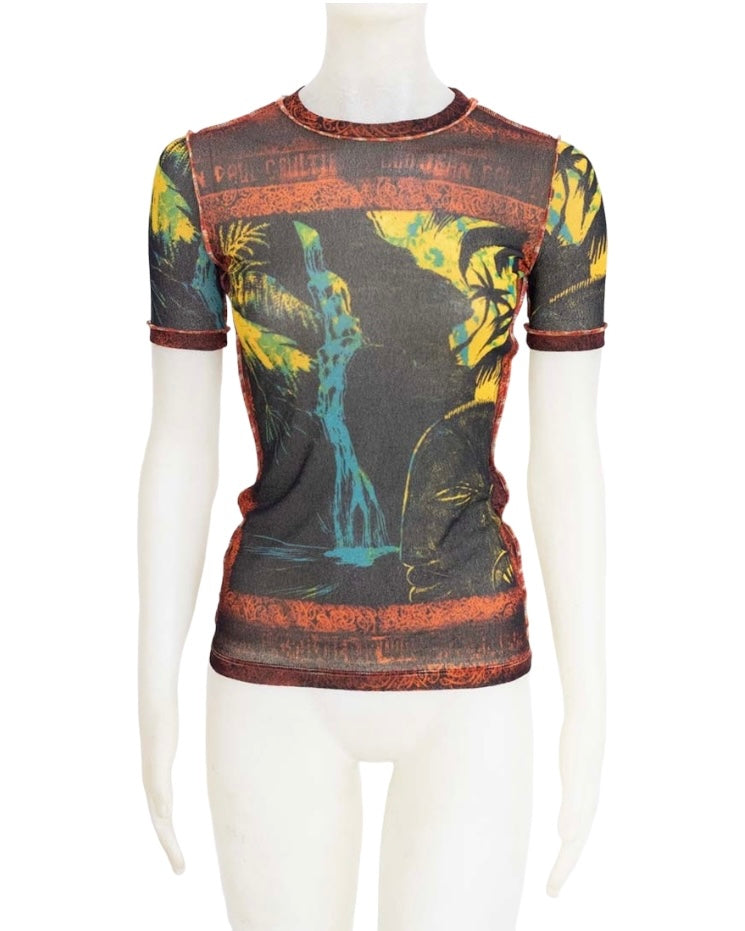Jean Paul Gaultier Classique S/S 2000 Abstract Psychedelic Print Sheer Mesh Top