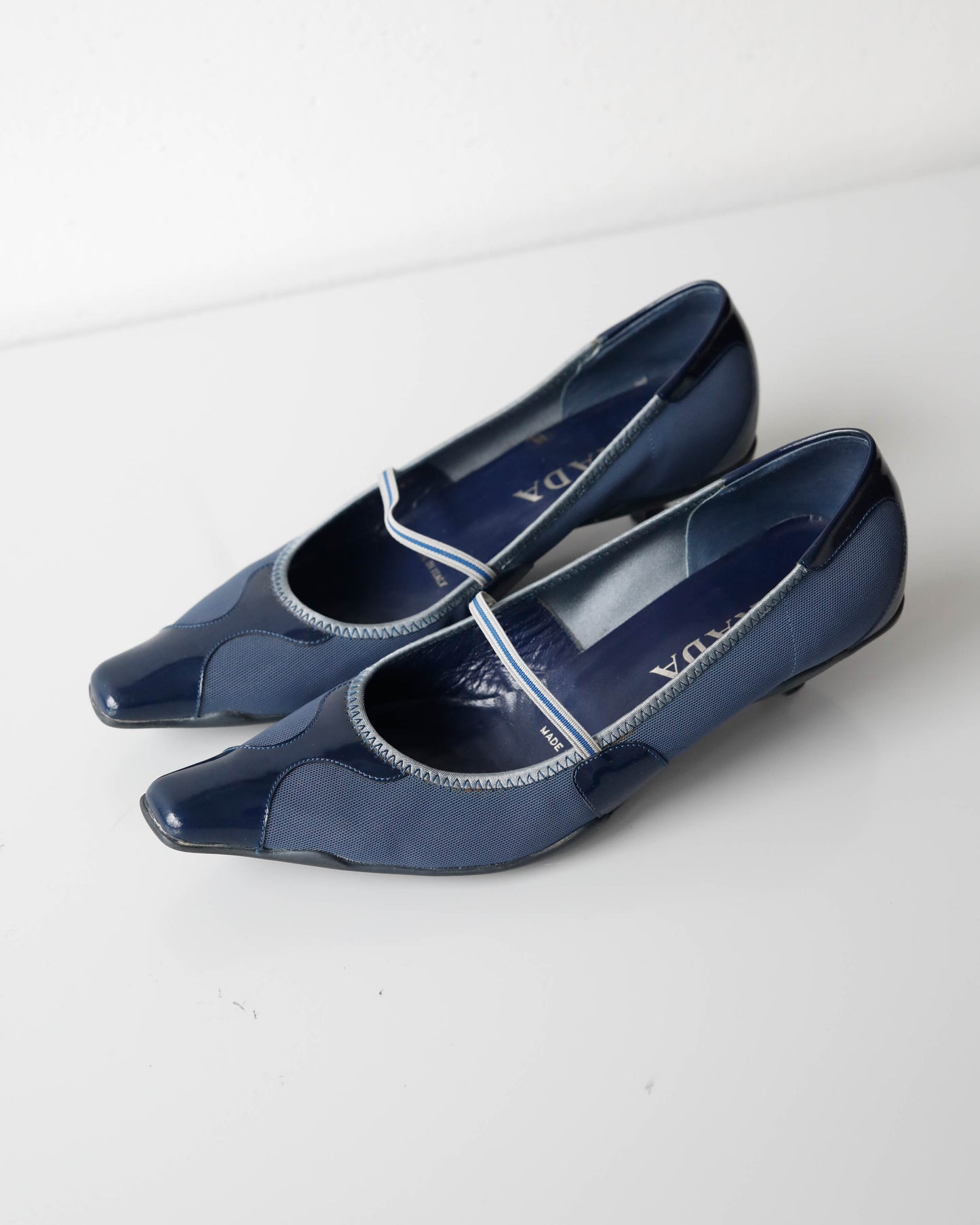 SS 2000 Prada Pointy Leather & Canvas Kitten Heels