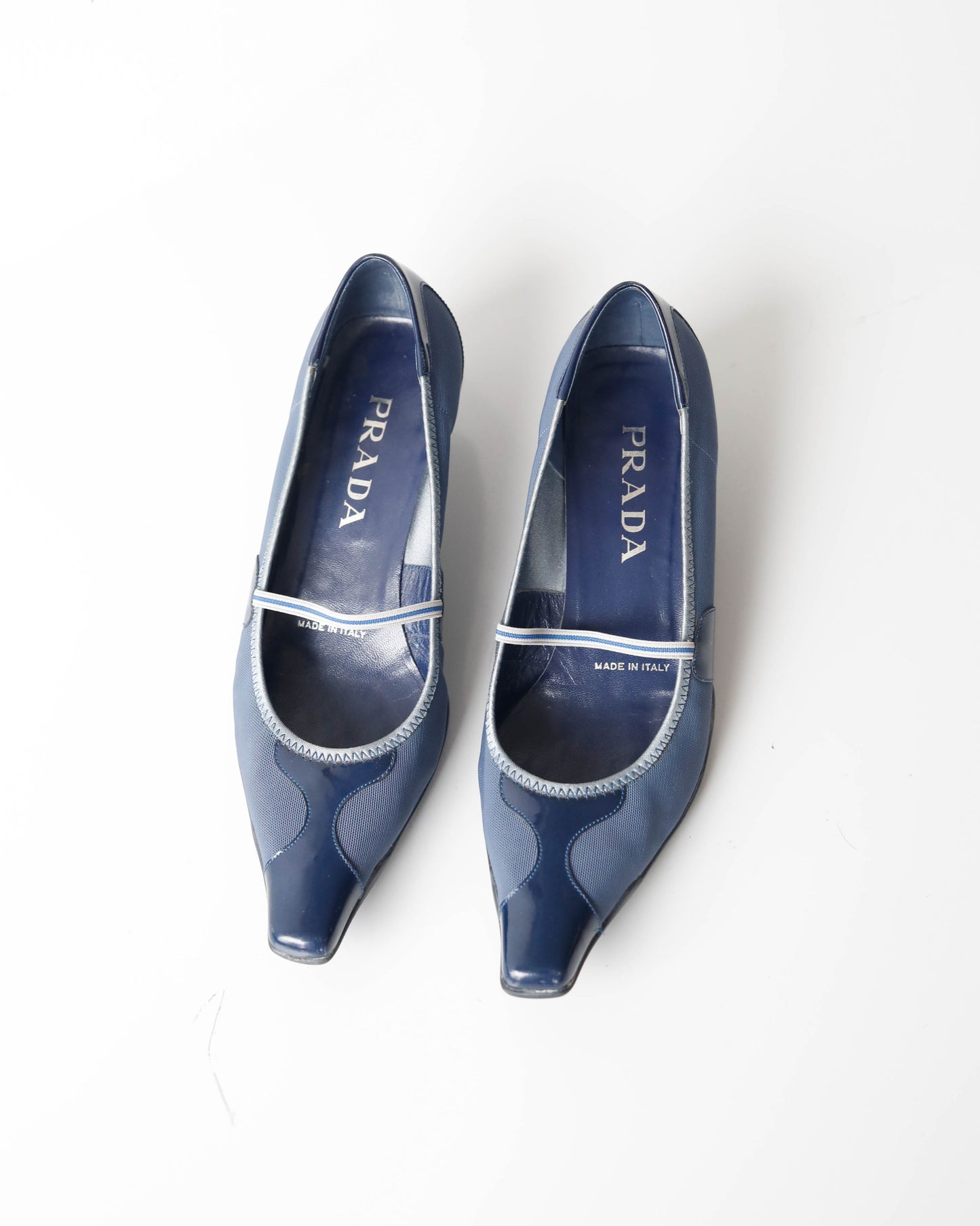 SS 2000 Prada Pointy Leather & Canvas Kitten Heels