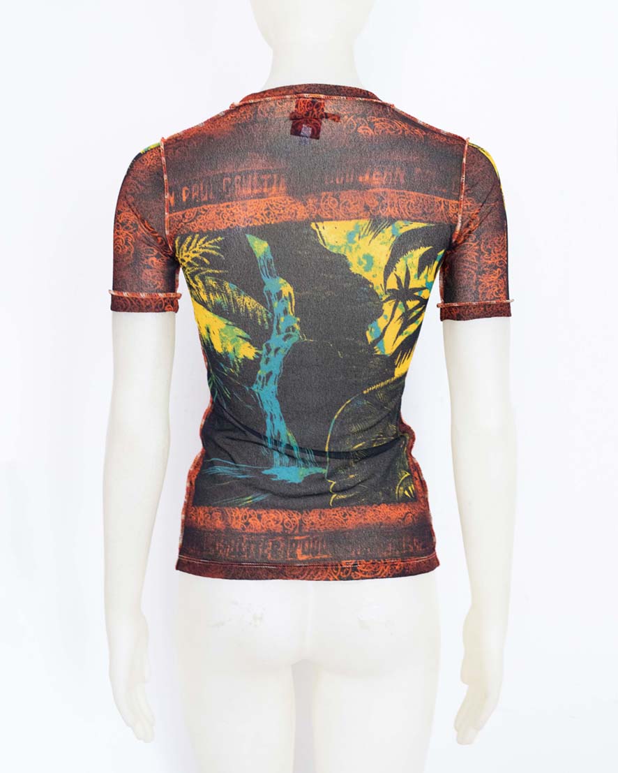 Jean Paul Gaultier Classique S/S 2000 Abstract Psychedelic Print Sheer Mesh Top